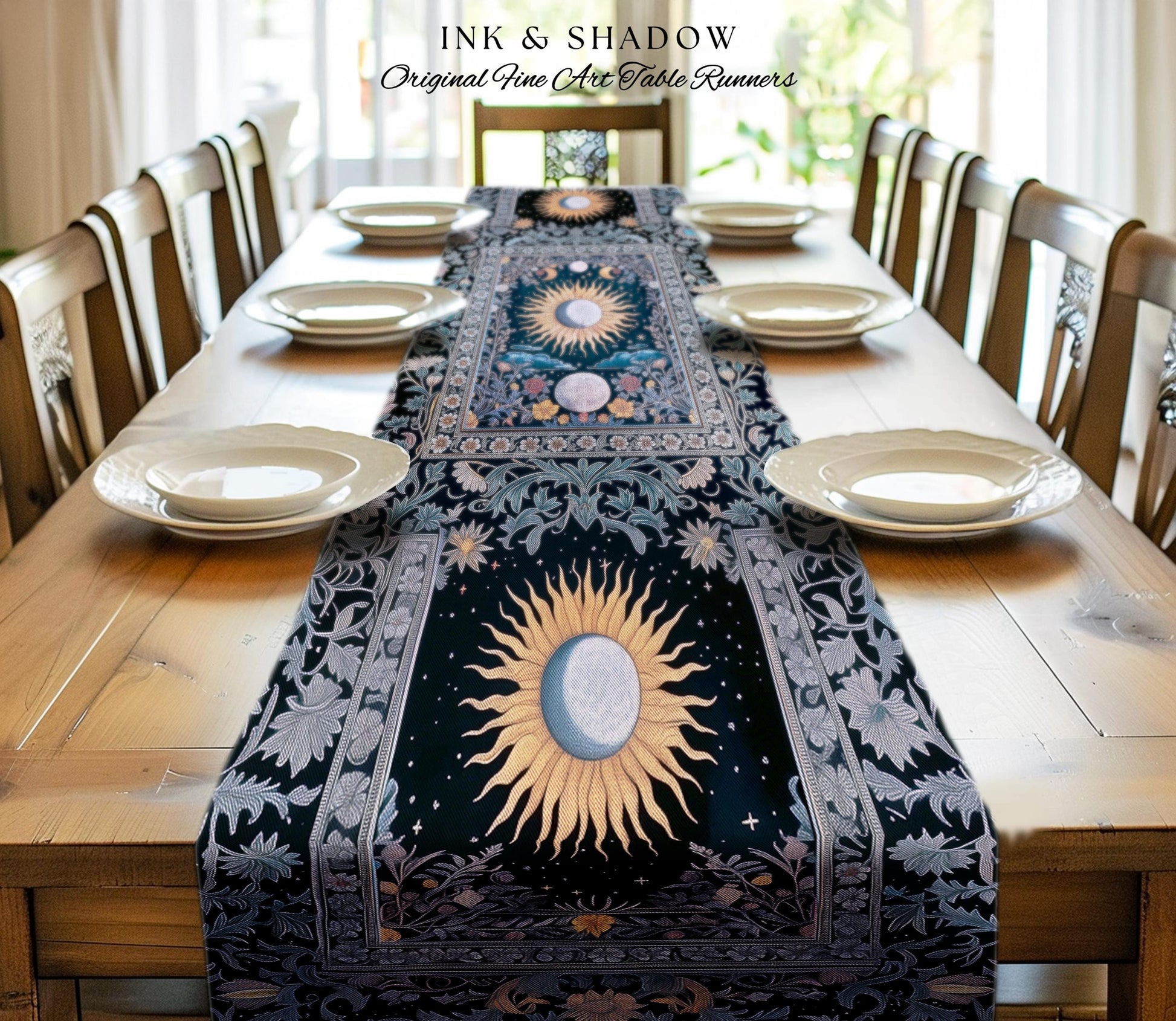 Whimsigothic Eclectic Moon Table Runner | Celestial Boho Mystic Tarot-Inspired Dining Room Astrology Decor Witchy Maximalist Aesthetic |