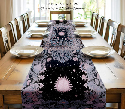 Midnight Lavender Celestial Table Runner | Witchy Pastel Tarot-Inspired Dining Room Bohemian Sun and Moon Maximalist Astrology Purple Decor