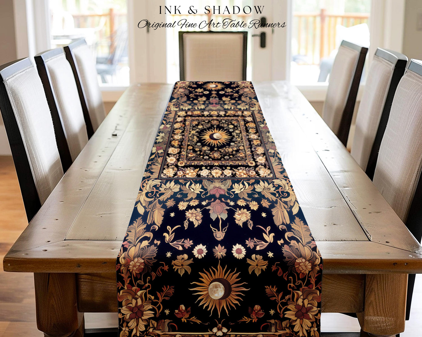 Cosmic Elegance Celestial Table Runner | Dark Cottagecore Moon & Sun Ethereal Dining Room Decor Divine Aesthetic Witchy Bohemian Eclectic |