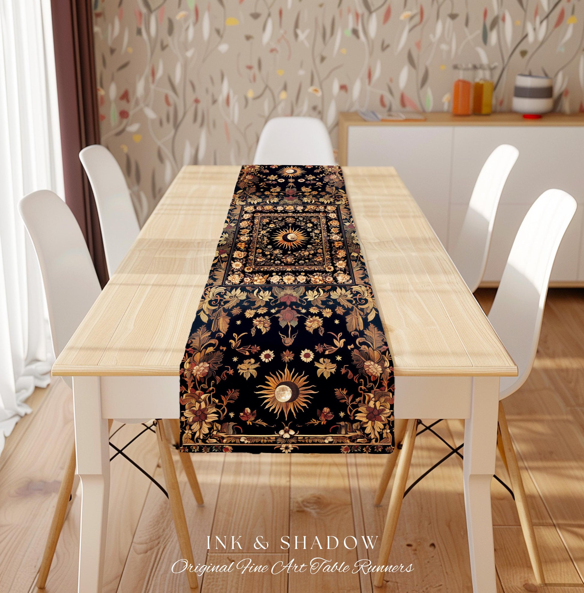 Cosmic Elegance Celestial Table Runner | Dark Cottagecore Moon & Sun Ethereal Dining Room Decor Divine Aesthetic Witchy Bohemian Eclectic |