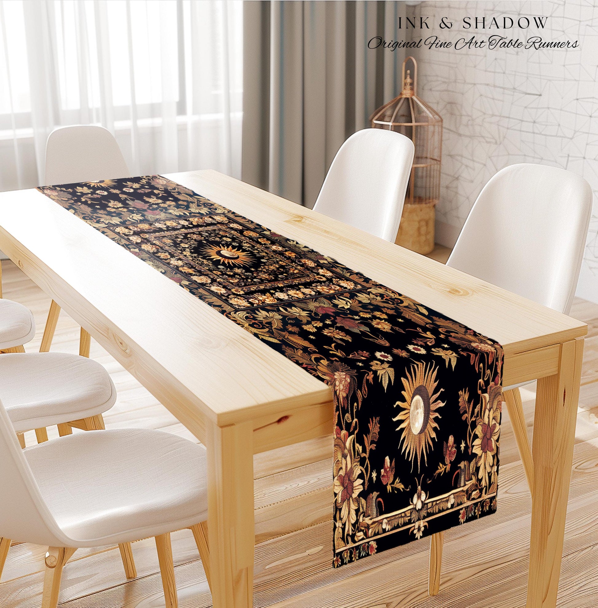 Cosmic Elegance Celestial Table Runner | Dark Cottagecore Moon & Sun Ethereal Dining Room Decor Divine Aesthetic Witchy Bohemian Eclectic |