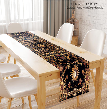 Cosmic Elegance Celestial Table Runner | Dark Cottagecore Moon & Sun Ethereal Dining Room Decor Divine Aesthetic Witchy Bohemian Eclectic |