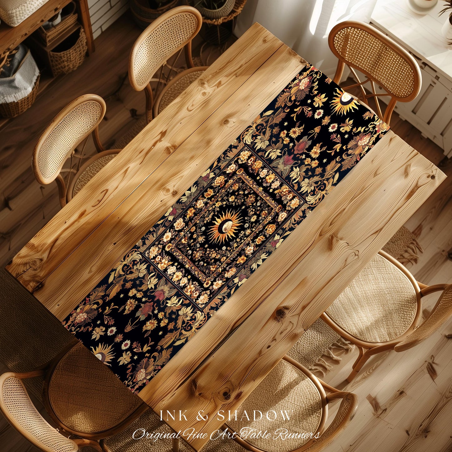 Cosmic Elegance Celestial Table Runner | Dark Cottagecore Moon & Sun Ethereal Dining Room Decor Divine Aesthetic Witchy Bohemian Eclectic |