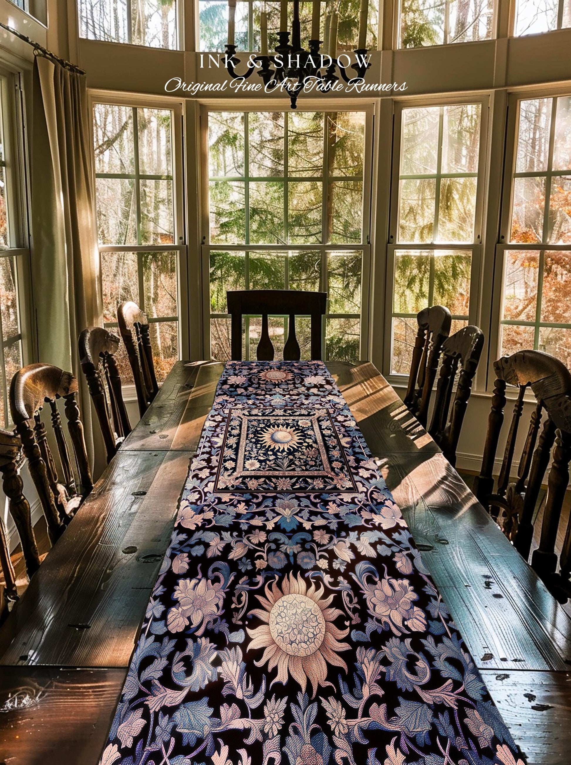 Pastel Whimsy Celestial Table Runner | Mystic Bohemian Celestial Witchy Decor Maximalist Gothic Sun and Moon Tarot Inspired Dining Room |