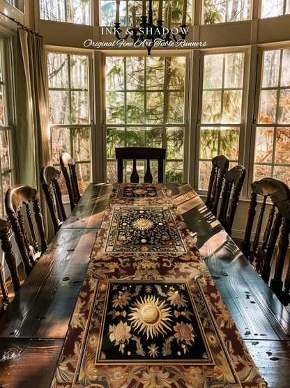 Dark Skies Celestial Table Runner | Enchanted Celestial Witchy Astrology Boho Maximalist Decor Sun and Moon Tarot Inspired Dining Room Table