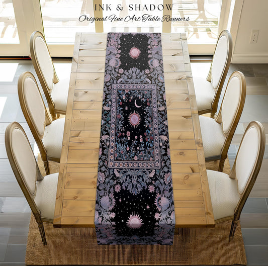 Midnight Lavender Celestial Table Runner | Witchy Pastel Tarot-Inspired Dining Room Bohemian Sun and Moon Maximalist Astrology Purple Decor