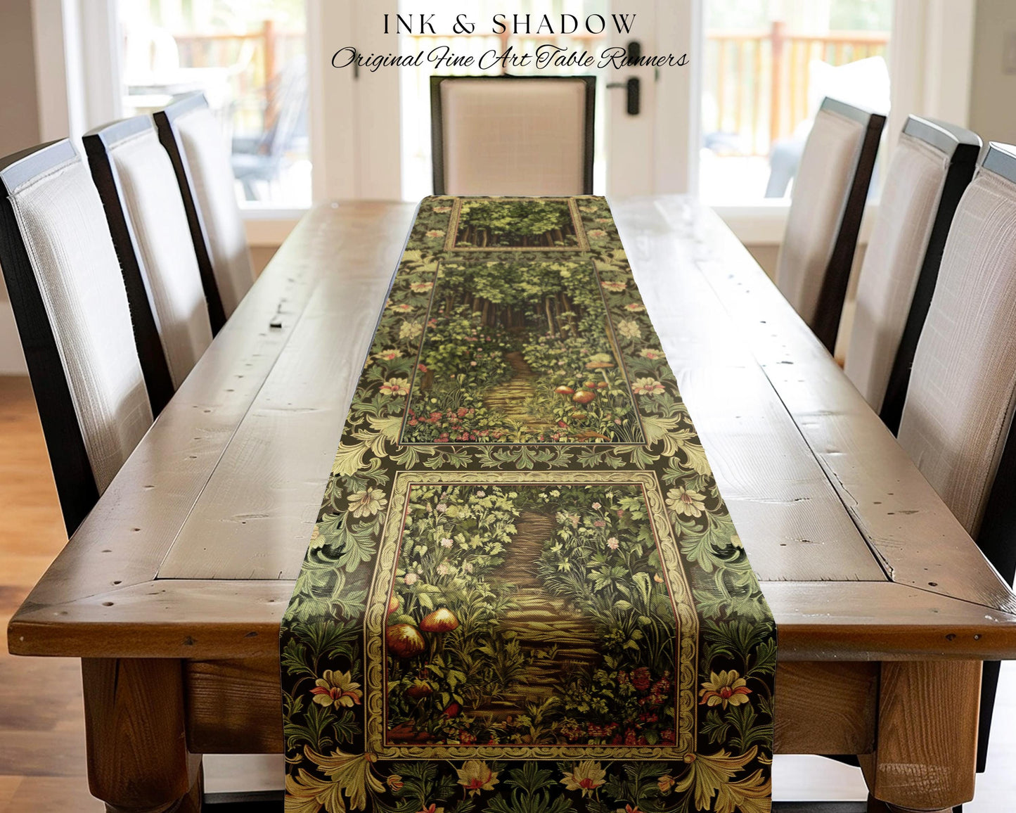 Fairytale Forest Botanical Table Runner | Mystic Aesthetic Woodland Home Magical Cottagecore Plant Loving Decor Housewarming Gift Emerald |