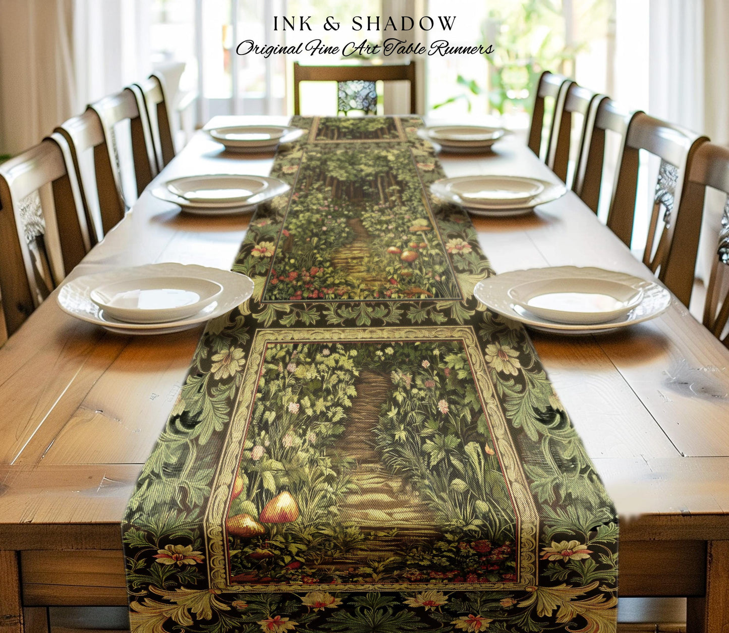 Fairytale Forest Botanical Table Runner | Mystic Aesthetic Woodland Home Magical Cottagecore Plant Loving Decor Housewarming Gift Emerald |
