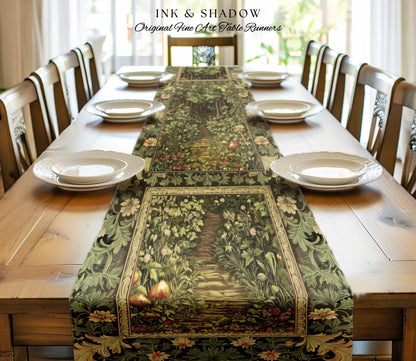 Fairytale Forest Botanical Table Runner | Mystic Aesthetic Woodland Home Magical Cottagecore Plant Loving Decor Housewarming Gift Emerald |
