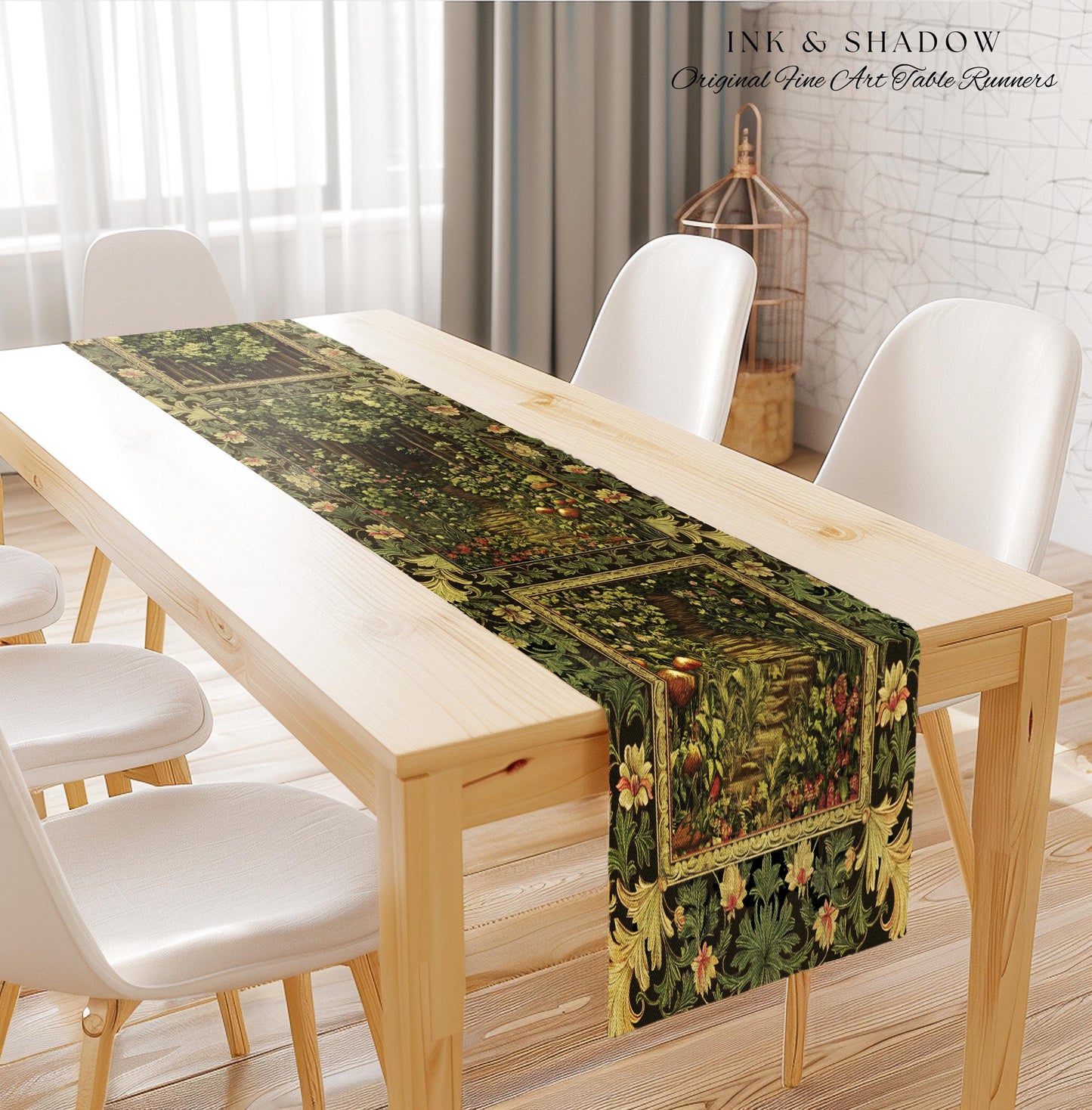 Fairytale Forest Botanical Table Runner | Mystic Aesthetic Woodland Home Magical Cottagecore Plant Loving Decor Housewarming Gift Emerald |