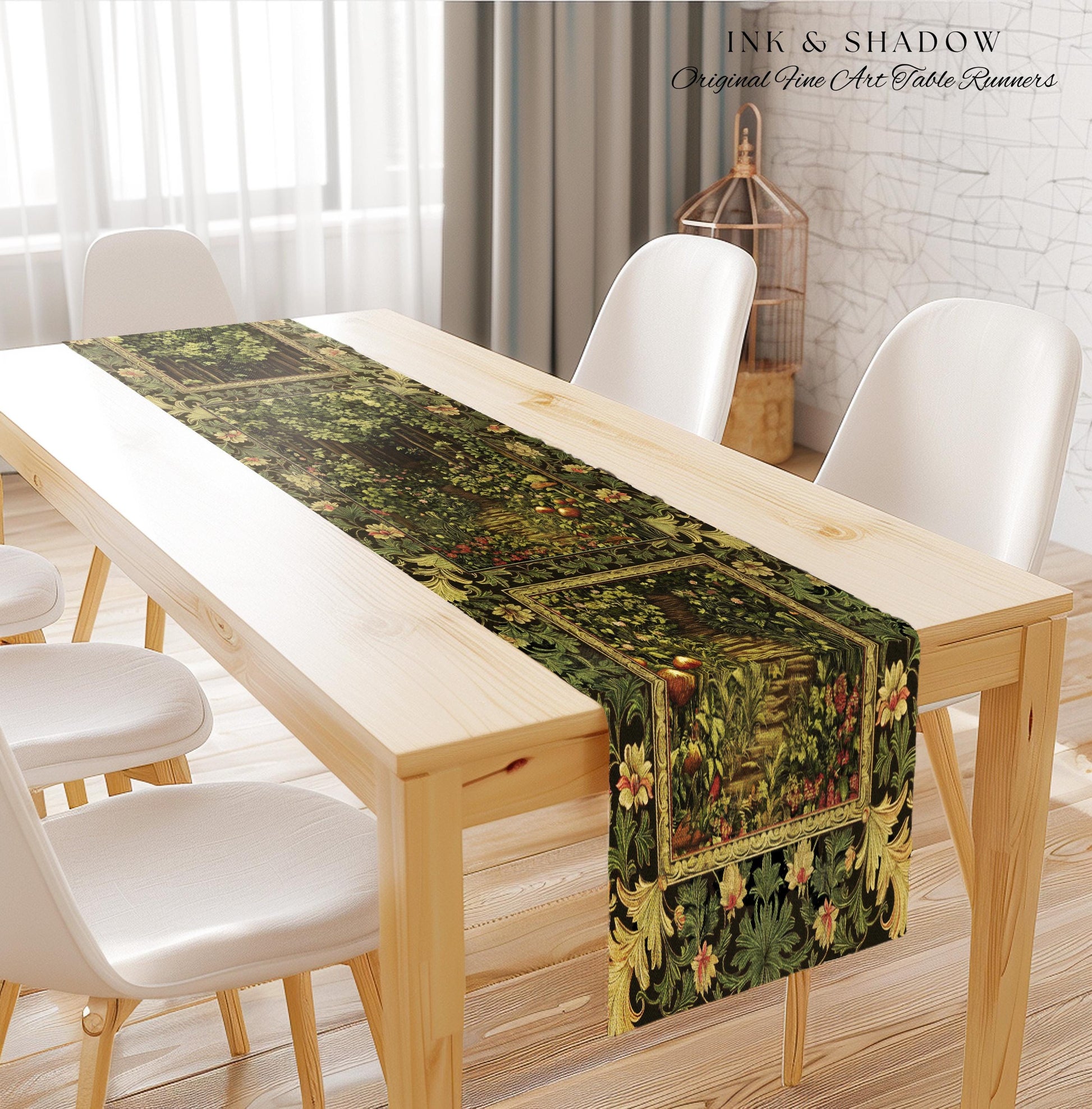 Fairytale Forest Botanical Table Runner | Mystic Aesthetic Woodland Home Magical Cottagecore Plant Loving Decor Housewarming Gift Emerald |