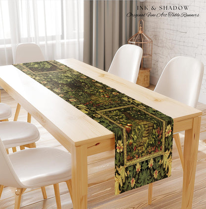 Fairytale Forest Botanical Table Runner | Mystic Aesthetic Woodland Home Magical Cottagecore Plant Loving Decor Housewarming Gift Emerald |