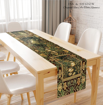 Fairy Ethereal Forest Table Runner Mystic Dark Academia Folklore Inspired, Magical Medieval Forestcore Botanical Woodland Dining Room Decor