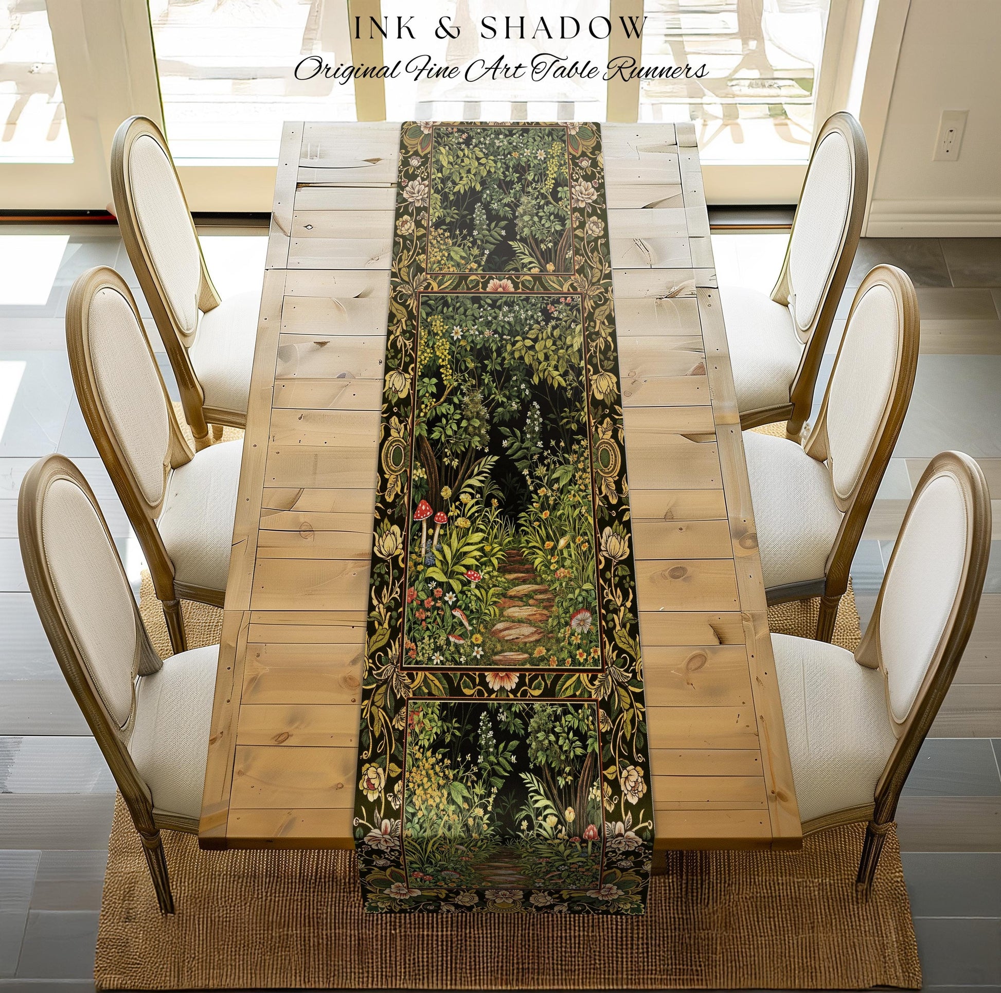 Toadstool Forest Mystical Mushroom Table Runner | Dark Academia Folklore Forest Inspired Fairycore Botanical Aesthetic Magical Medieval Boho