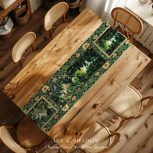 Woodland Forest Cottagecore Table Runner | Fairycore Aesthetic Magical Woodland Dining Room Emerald Green Home Decor Whimsigothic Indie Cute