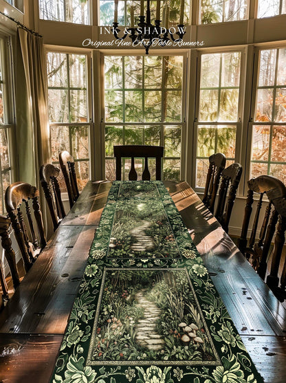 Ethereal Woodland Meadow Table Runner | Dark Academia Folklore Fairy Core Aesthetic Magical Dining Room Emerald Green Home Decor Botanical