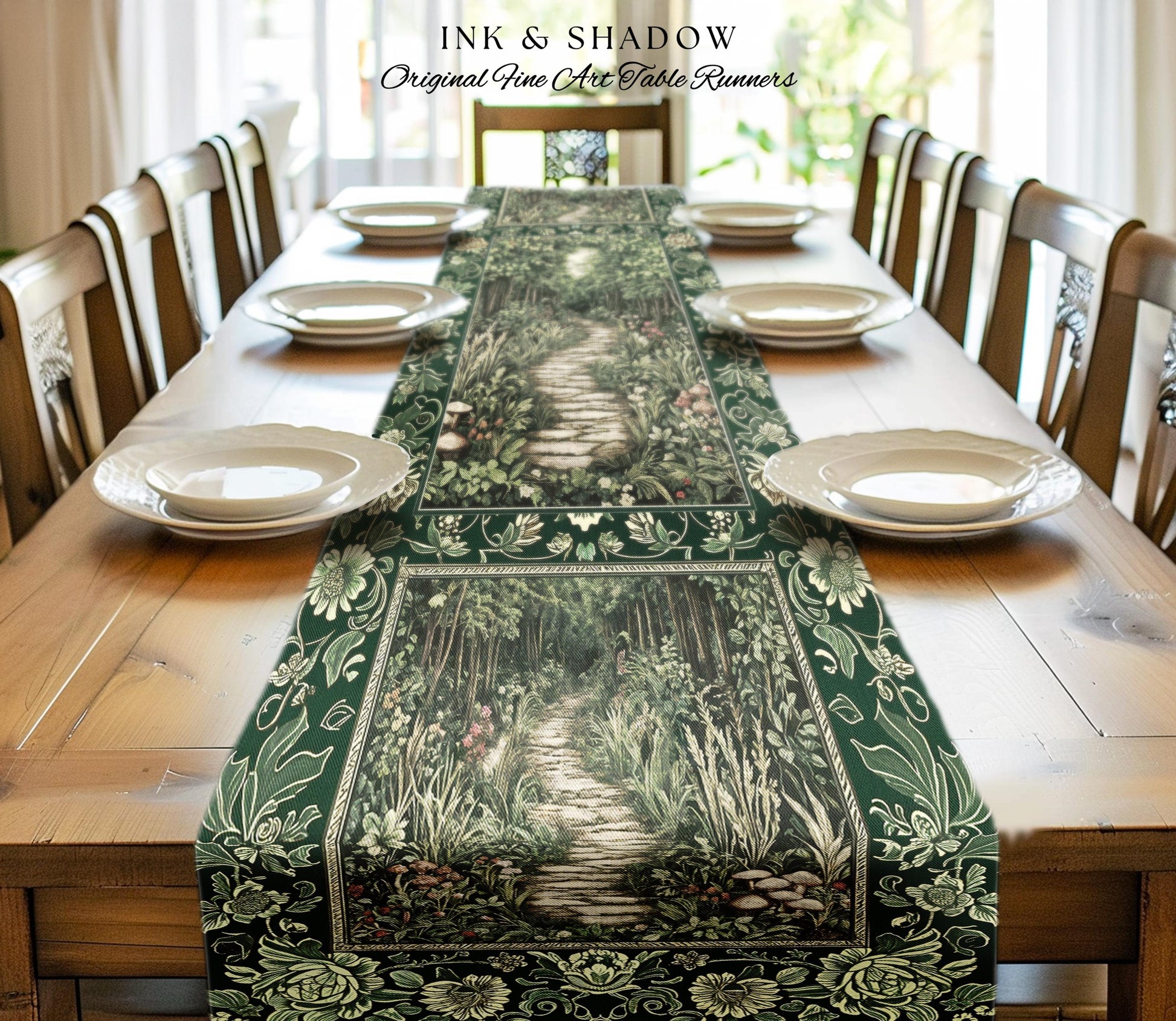 Ethereal Woodland Meadow Table Runner | Dark Academia Folklore Fairy Core Aesthetic Magical Dining Room Emerald Green Home Decor Botanical
