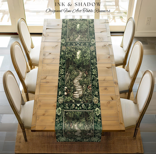 Ethereal Woodland Meadow Table Runner | Dark Academia Folklore Fairy Core Aesthetic Magical Dining Room Emerald Green Home Decor Botanical