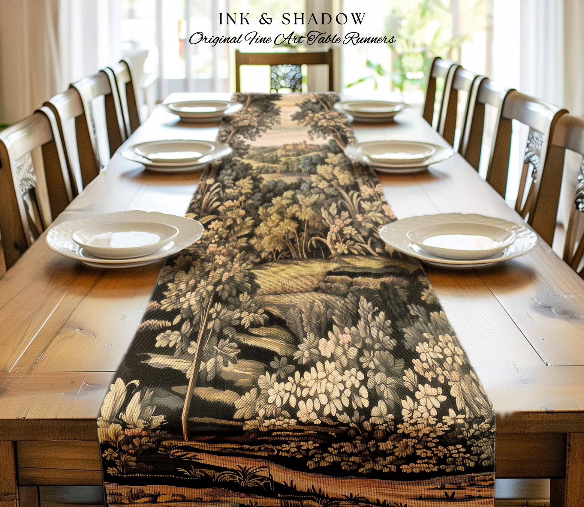 Medieval Meadow Table Runner | Rustic Fairytale Castle Landscape Woodland Fairy Folklore Princesscore Aesthetic Mystic Victorian Floral Home