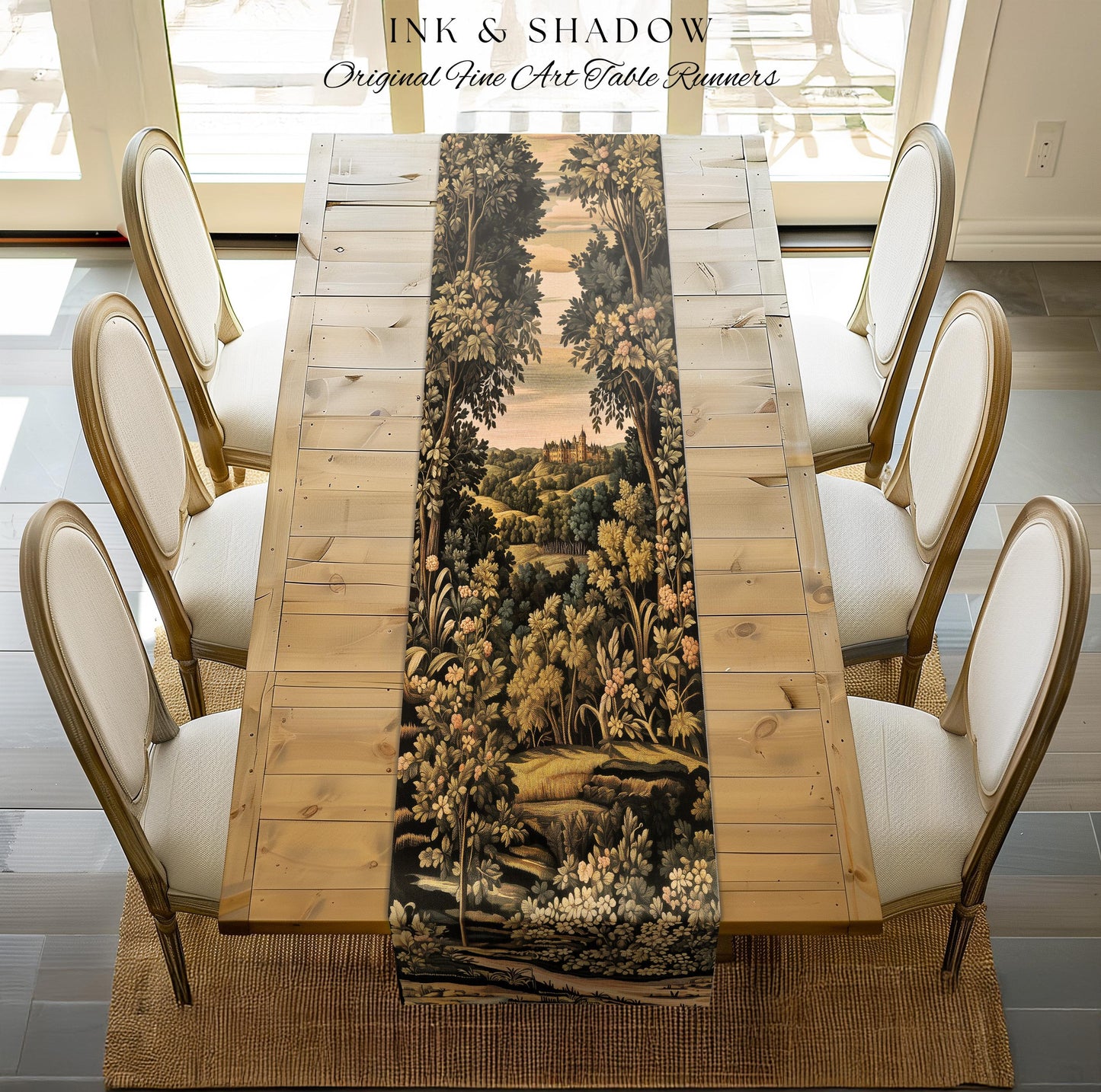 Medieval Meadow Table Runner | Rustic Fairytale Castle Landscape Woodland Fairy Folklore Princesscore Aesthetic Mystic Victorian Floral Home