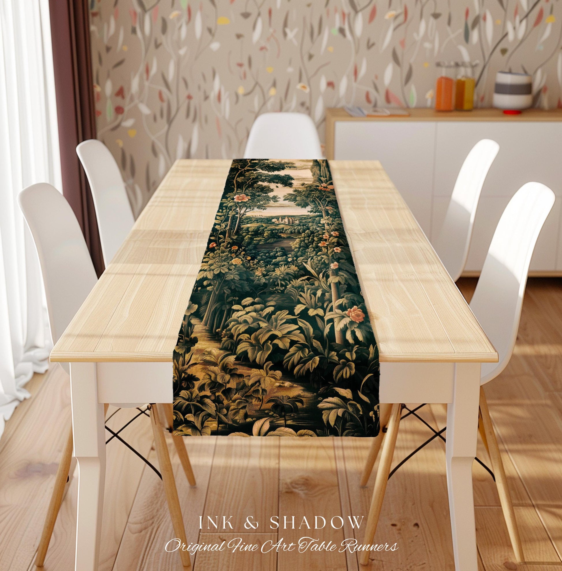 Princess Medieval Table Runner | Rustic Floral Landscape Whimsigoth Castle Ethereal Dining Room Aesthetic Botanical Woodland Goth Romantic |