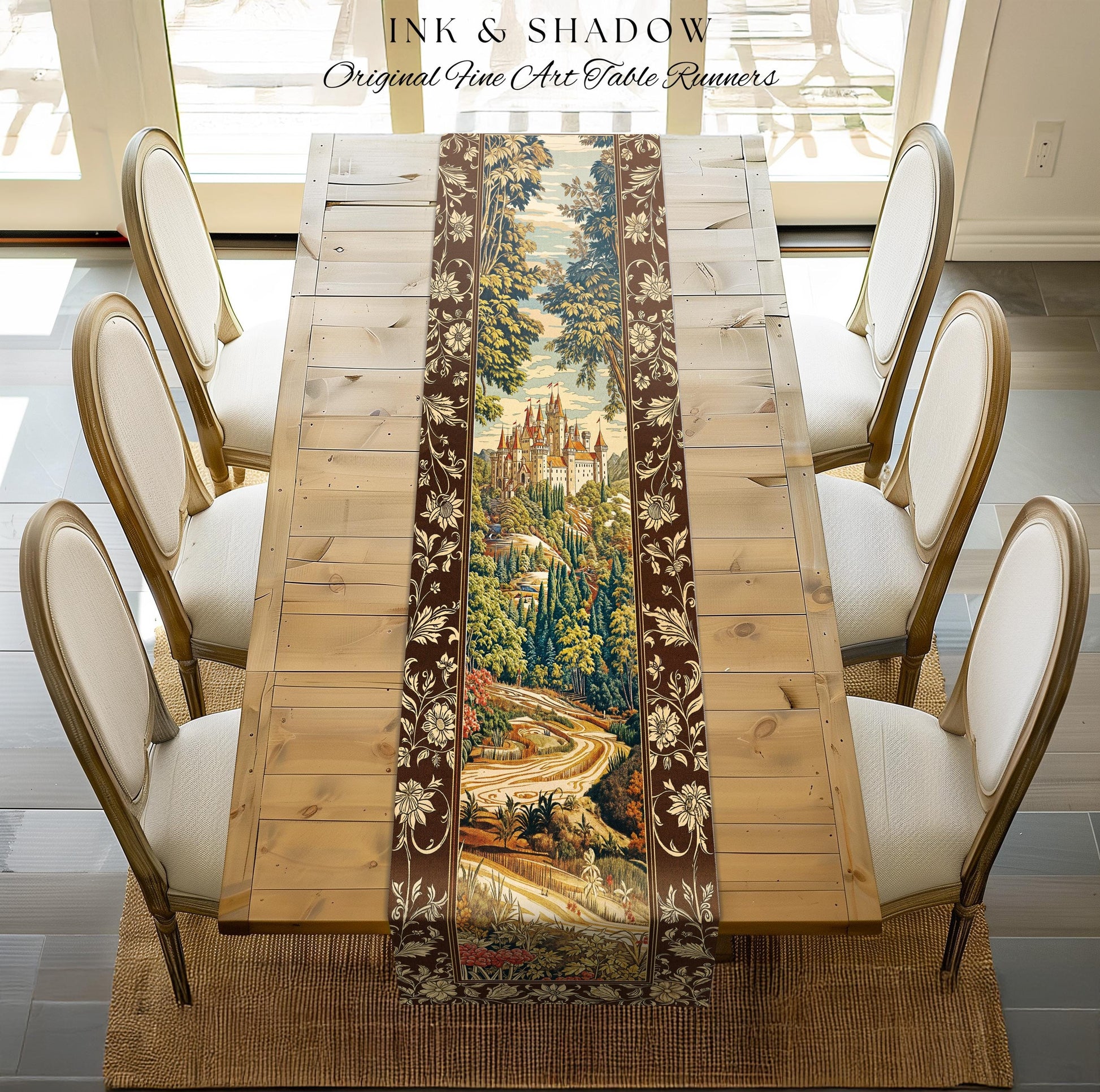 Book Nook Fairytale Castle Table Runner, Woodland Fairycore Bohemian Folklore Aesthetic Magical Landscape Forestcore Dark Academia Decor |