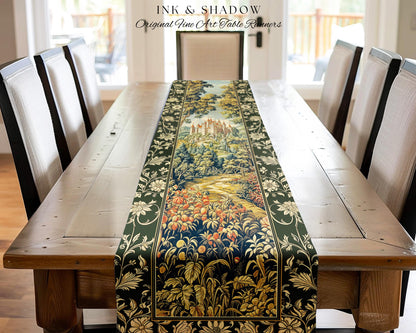 Mystic Castle Book Nook Table Runner Ethereal Fairycore Folklore Aesthetic | Magical Woodland Botanical Linens Dark Academia Indie Decor |