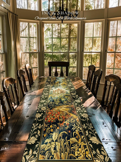 Mystic Castle Book Nook Table Runner Ethereal Fairycore Folklore Aesthetic | Magical Woodland Botanical Linens Dark Academia Indie Decor |
