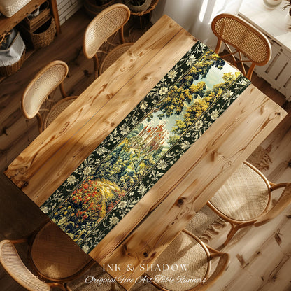 Mystic Castle Book Nook Table Runner Ethereal Fairycore Folklore Aesthetic | Magical Woodland Botanical Linens Dark Academia Indie Decor |