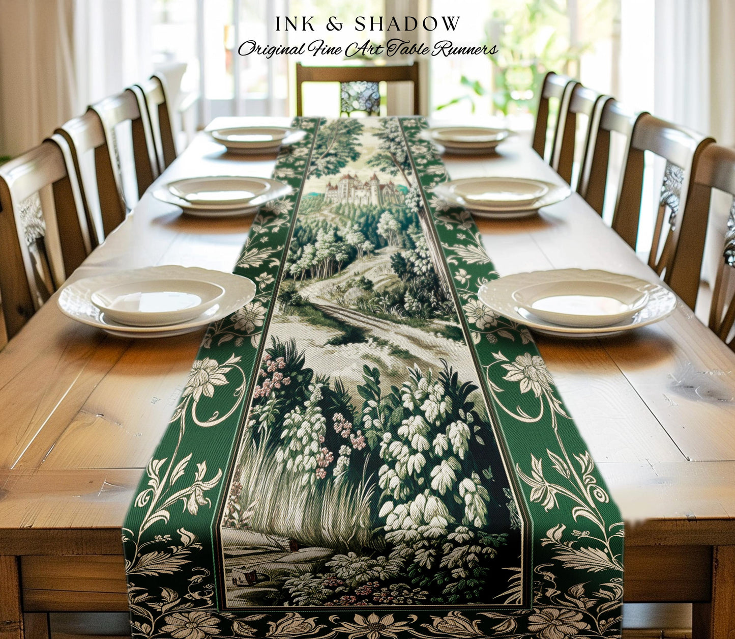 Medieval Castle Woodland Forest Table Runner Forestcore Dark Academia Fairytale Decor | Fairycore Magical Emerald Green Landscape Botanical