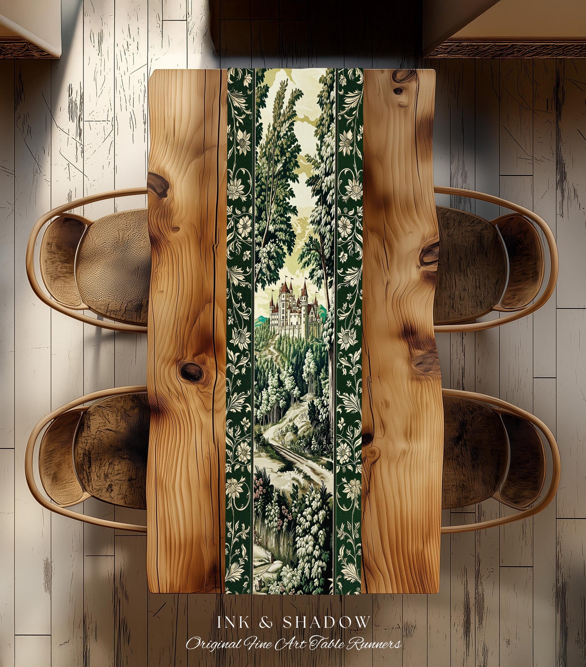 Medieval Castle Woodland Forest Table Runner Forestcore Dark Academia Fairytale Decor | Fairycore Magical Emerald Green Landscape Botanical