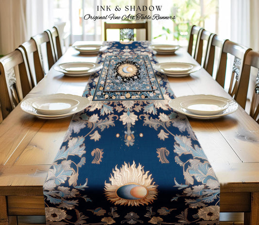 Lunar Energy Peaceful Table Runner | Gothic Bohemian Astrology Mystic Whimsical Sun & Moon Maximalist Witchy Tarot Celestial Dining Room |