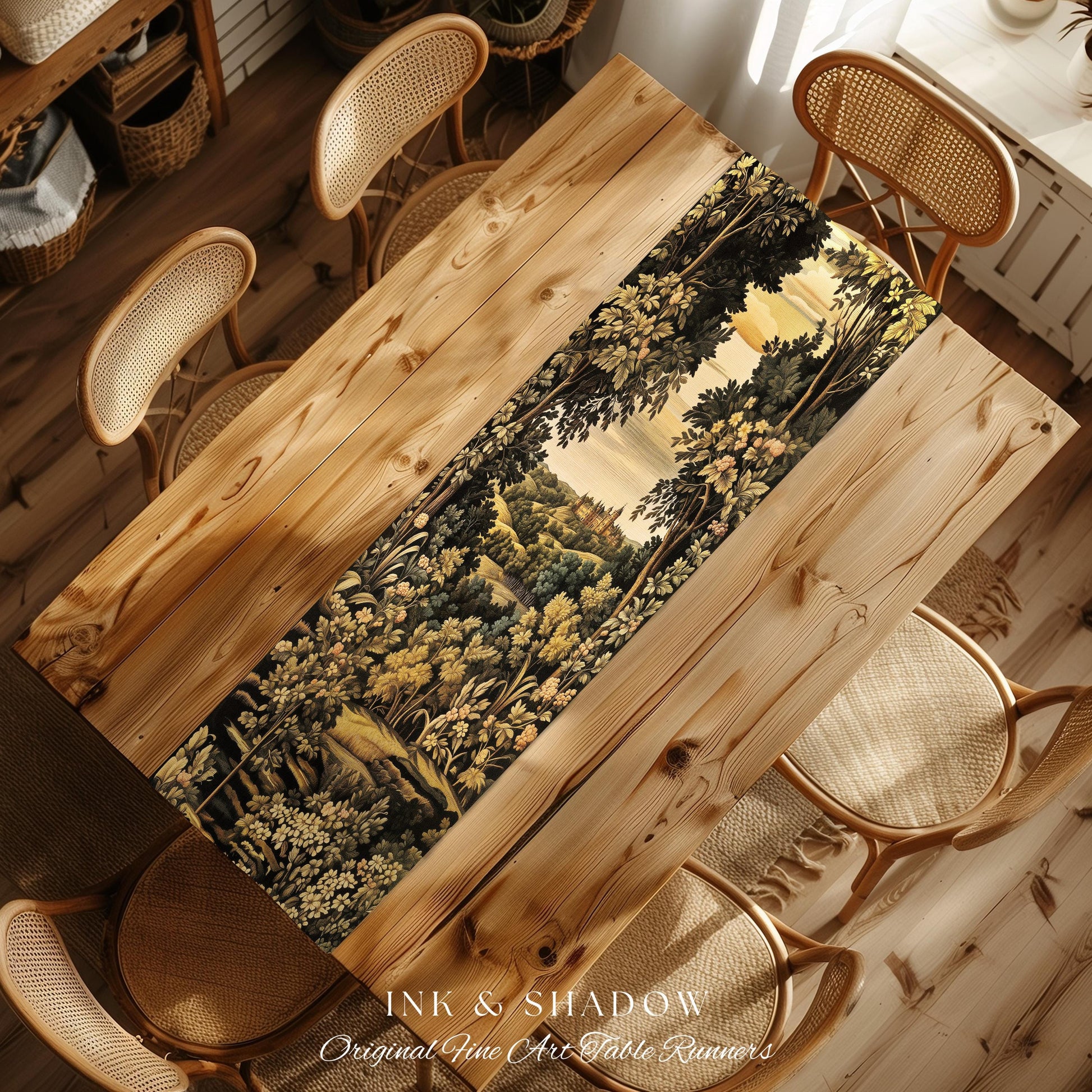 Medieval Meadow Table Runner | Rustic Fairytale Castle Landscape Woodland Fairy Folklore Princesscore Aesthetic Mystic Victorian Floral Home