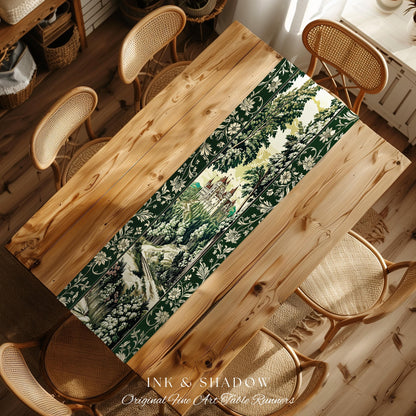 Medieval Castle Woodland Forest Table Runner Forestcore Dark Academia Fairytale Decor | Fairycore Magical Emerald Green Landscape Botanical