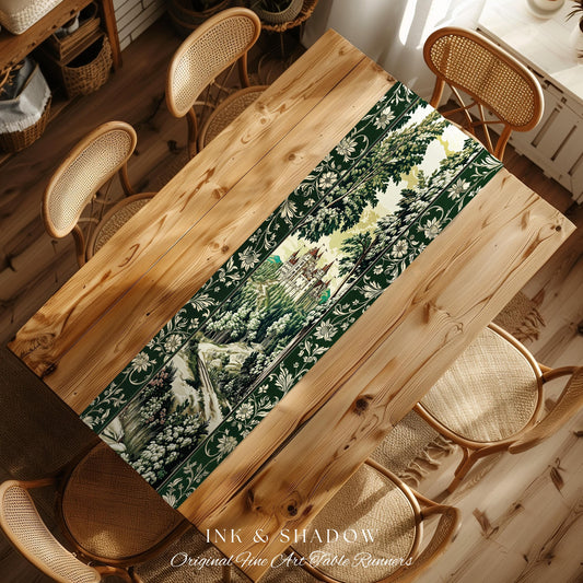 Medieval Castle Woodland Forest Table Runner Forestcore Dark Academia Fairytale Decor | Fairycore Magical Emerald Green Landscape Botanical
