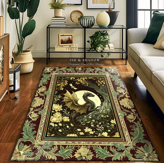 May include: A burgundy, green, and gold area rug with a dragon in a forest scene. The rug has a decorative border with floral designs. The text &#39;INK & SHADOW Original Fine Art Rugs&#39; is printed on the rug.