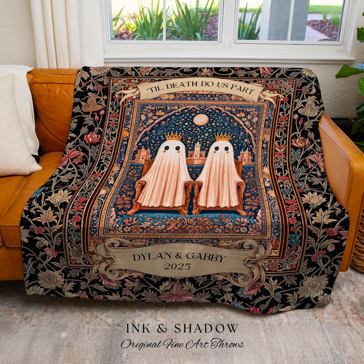 Gothic Ghost Lovers Custom Blanket | ’Til Death Do Us Part Personalized Wedding Throw Woven Ghost Gift for Partner Spooky Anniversary Decor