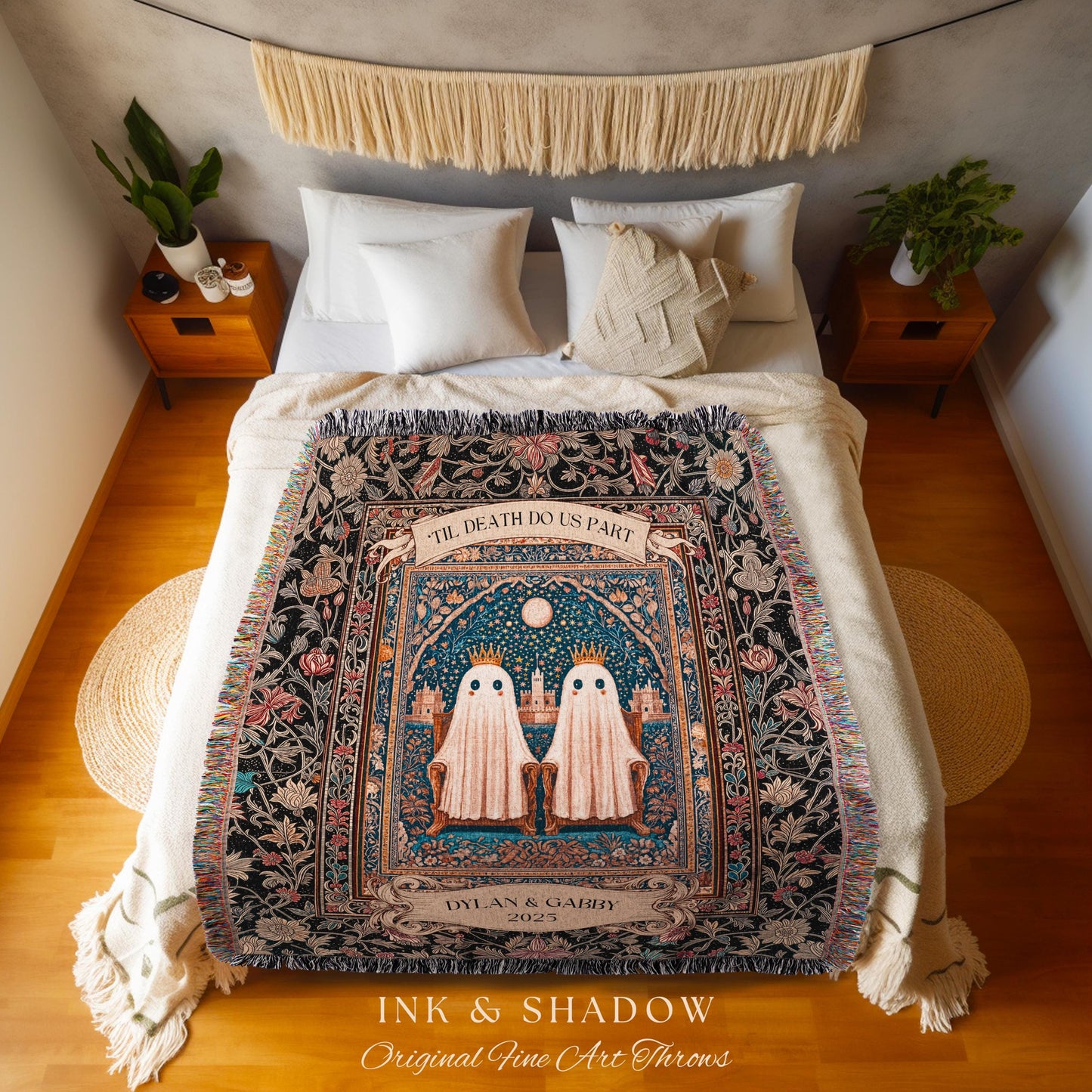 Gothic Ghost Lovers Custom Blanket | ’Til Death Do Us Part Personalized Wedding Throw Woven Ghost Gift for Partner Spooky Anniversary Decor