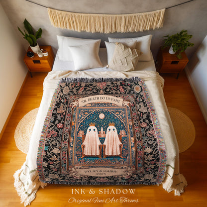 Gothic Ghost Lovers Custom Blanket | ’Til Death Do Us Part Personalized Wedding Throw Woven Ghost Gift for Partner Spooky Anniversary Decor
