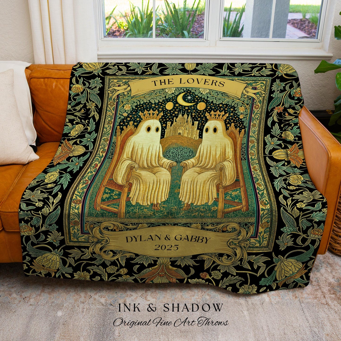 Tarot Ghost Couple ‘The Lovers’ Blanket | Personalized Gothic Woven Throw Floral Ghost Gift for Boyfriend Custom Names Anniversary Blanket |
