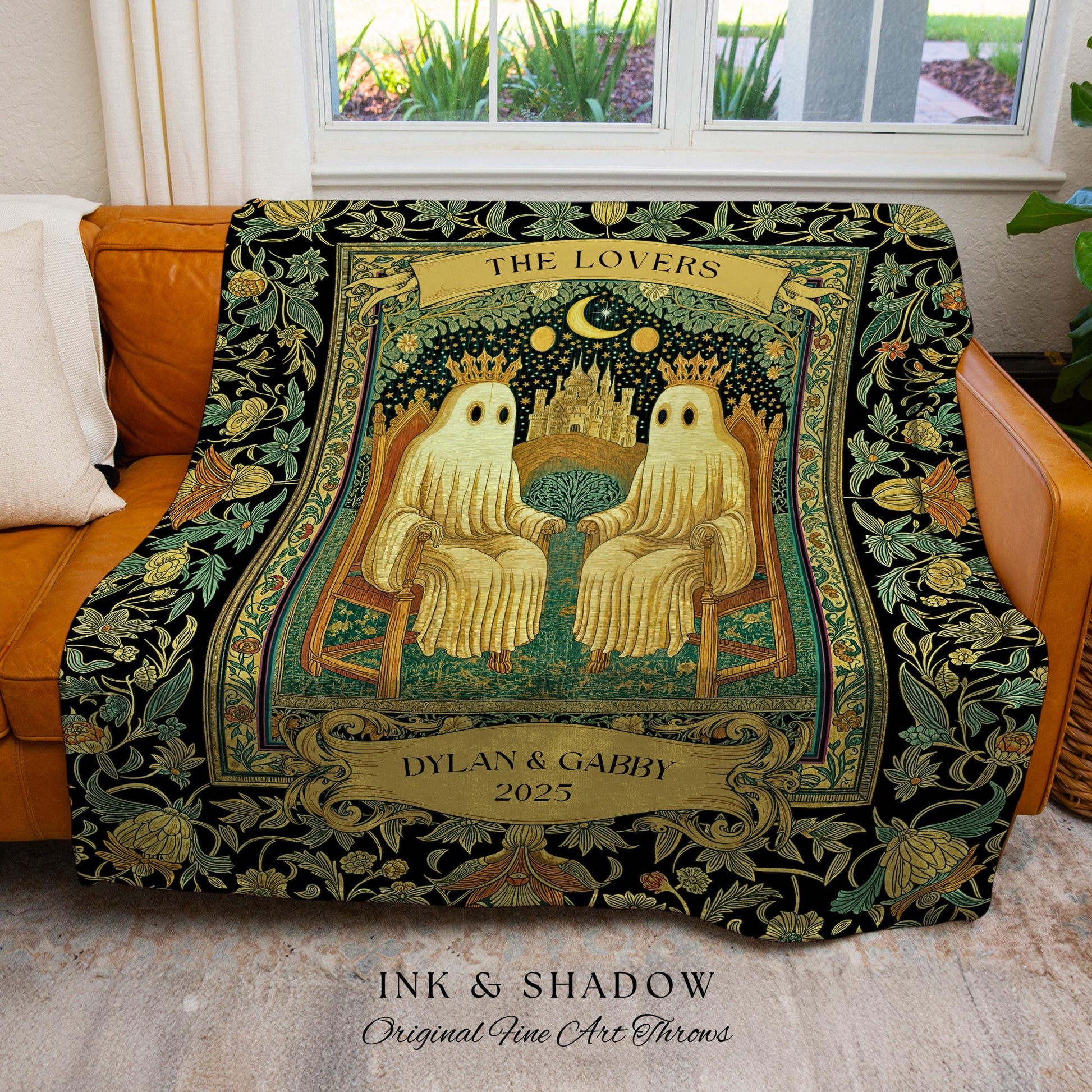 Tarot Ghost Couple ‘The Lovers’ Blanket | Personalized Gothic Woven Throw Floral Ghost Gift for Boyfriend Custom Names Anniversary Blanket |