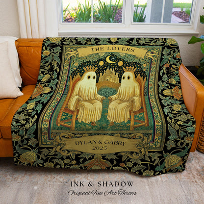 Tarot Ghost Couple ‘The Lovers’ Blanket | Personalized Gothic Woven Throw Floral Ghost Gift for Boyfriend Custom Names Anniversary Blanket |