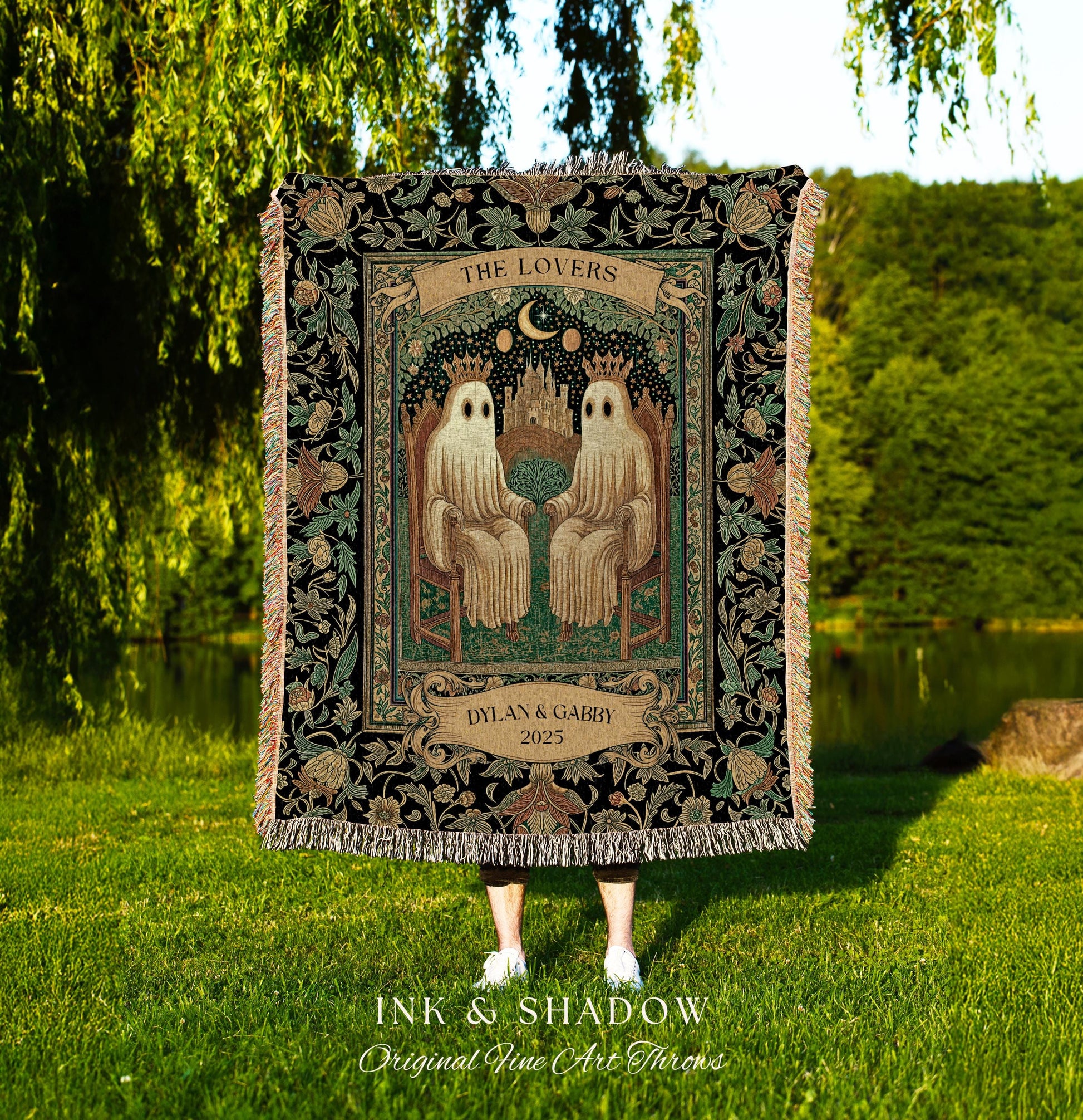 Tarot Ghost Couple ‘The Lovers’ Blanket | Personalized Gothic Woven Throw Floral Ghost Gift for Boyfriend Custom Names Anniversary Blanket |