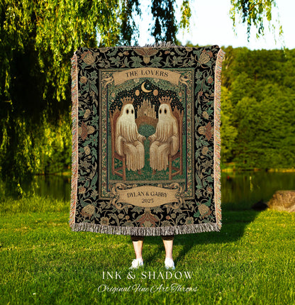 Tarot Ghost Couple ‘The Lovers’ Blanket | Personalized Gothic Woven Throw Floral Ghost Gift for Boyfriend Custom Names Anniversary Blanket |