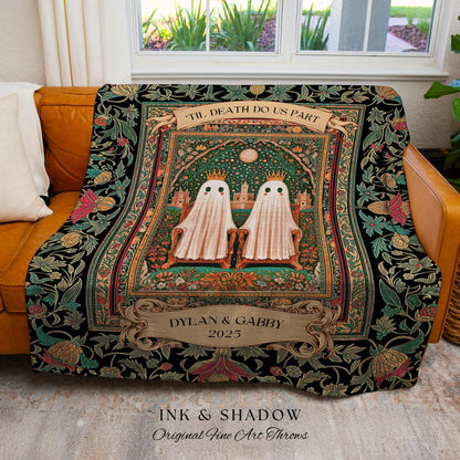 Regal Ghost Lovers Custom Blanket | ’Til Death Do Us Part Personalized Wedding Throw Woven Ghost Gift for Boyfriend Cottagecore Anniversary