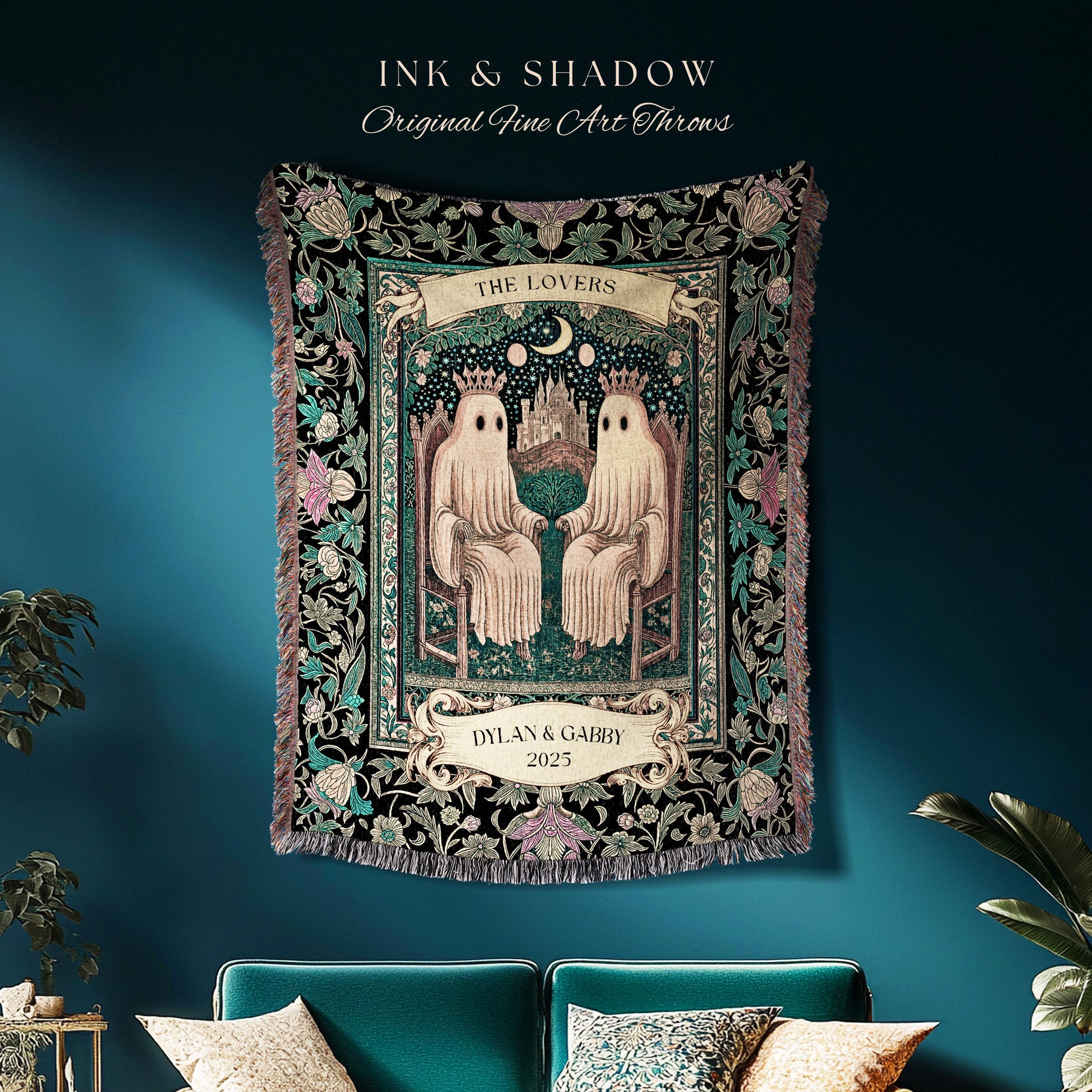 The Lovers Personalized Ghost Couple Blanket Gothic Romance Keepsake | Celestial Tarot Inspired Wedding Gift Whimsigoth Woven Tapestry Throw