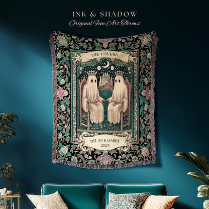 The Lovers Personalized Ghost Couple Blanket Gothic Romance Keepsake | Celestial Tarot Inspired Wedding Gift Whimsigoth Woven Tapestry Throw
