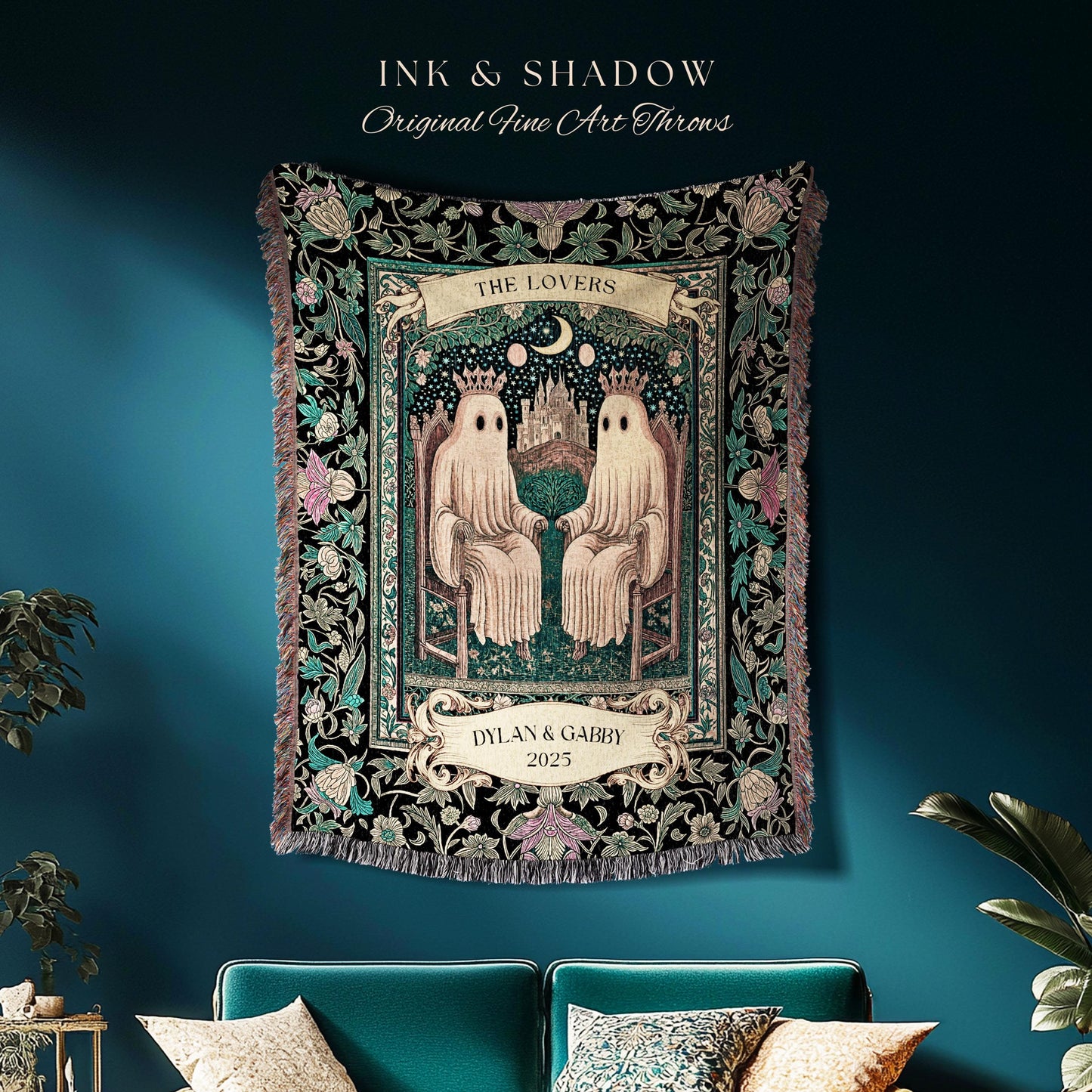 The Lovers Personalized Ghost Couple Blanket Gothic Romance Keepsake | Celestial Tarot Inspired Wedding Gift Whimsigoth Woven Tapestry Throw