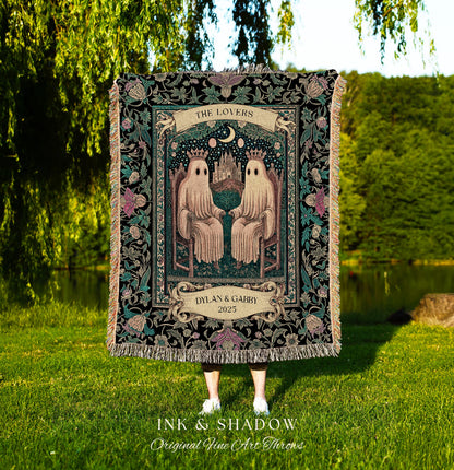 The Lovers Personalized Ghost Couple Blanket Gothic Romance Keepsake | Celestial Tarot Inspired Wedding Gift Whimsigoth Woven Tapestry Throw