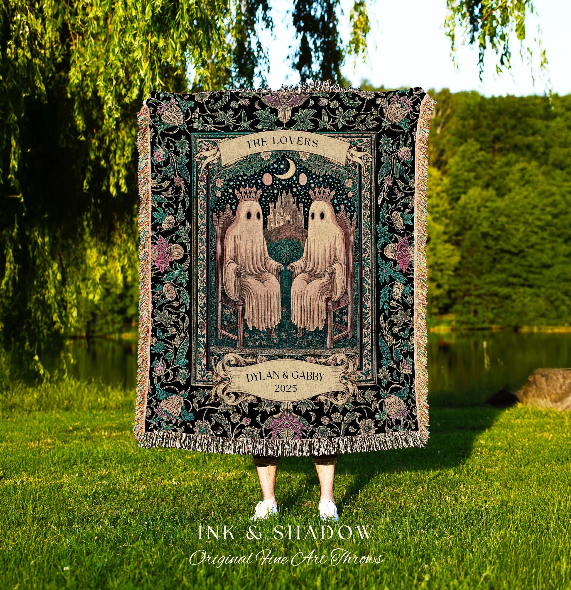 The Lovers Personalized Ghost Couple Blanket Gothic Romance Keepsake | Celestial Tarot Inspired Wedding Gift Whimsigoth Woven Tapestry Throw
